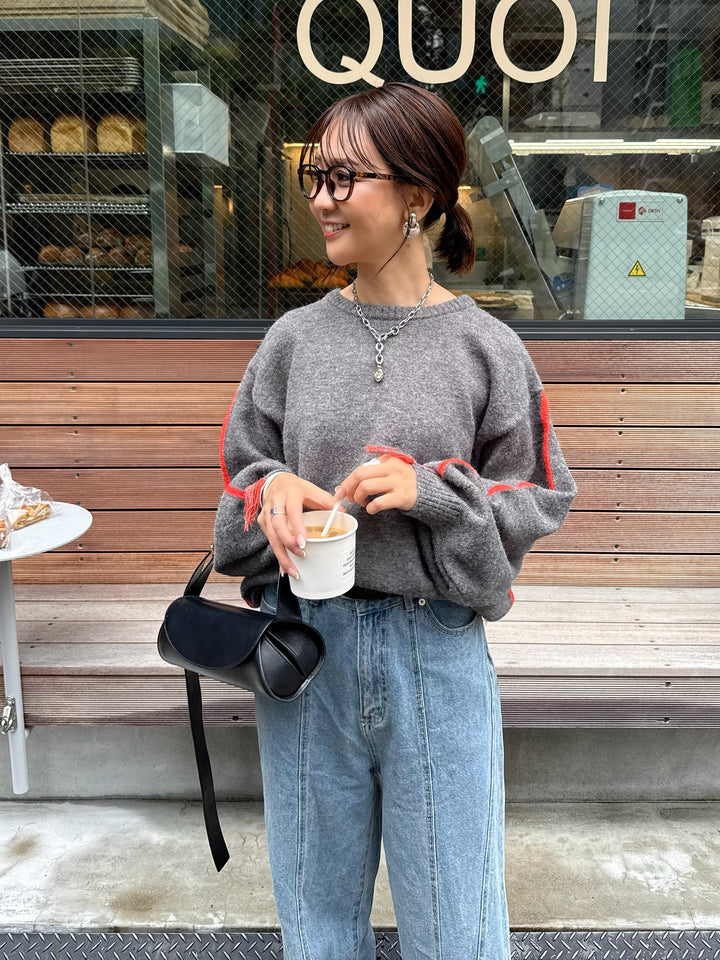 【予約】アルパカタッチ配色ラインプルオーバー / チャコール(12月中旬発送予定)