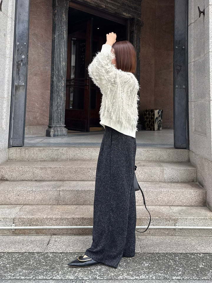 【予約】[SET] 麻タッチフリンジニットショート丈プルオーバー/ アイボリー + サマーツイードタックパンツ / ブラック(2月中旬発送予定)