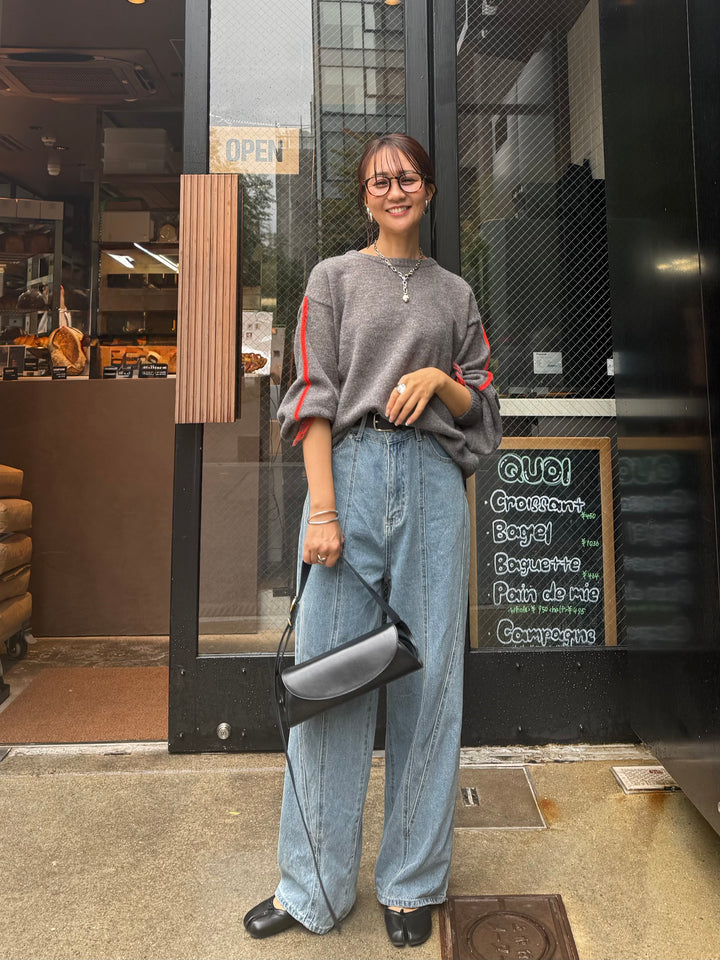 【予約】アルパカタッチ配色ラインプルオーバー / チャコール(12月中旬発送予定)