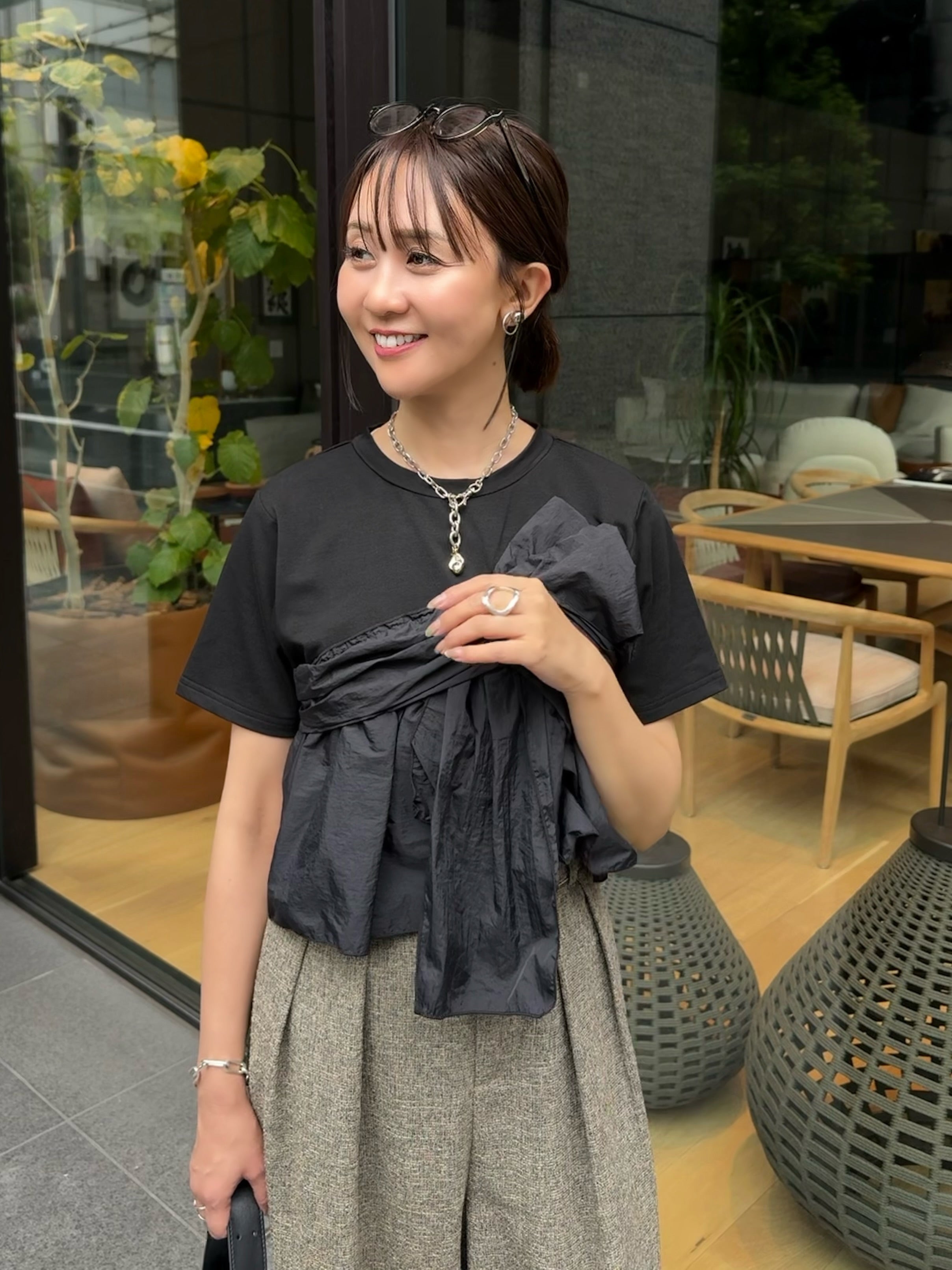 予約】異素材ドッキングツイストTシャツ / ブラック(7月下旬発送予定