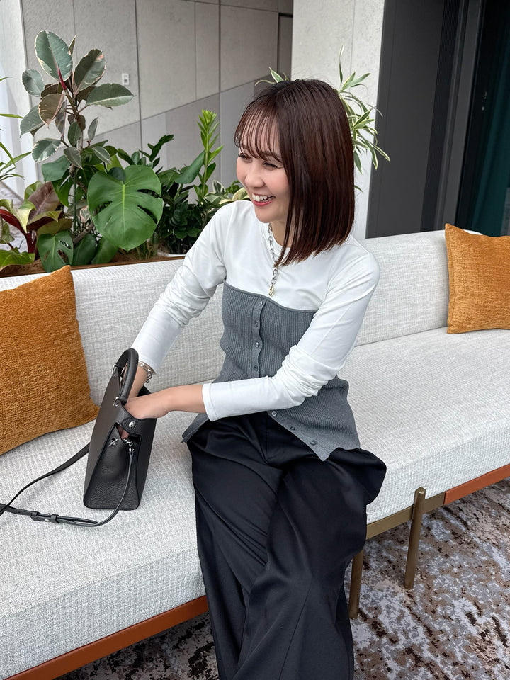 [新作300円OFF] リブニットビスチェドッキングTシャツ / オフホワイト×グレー