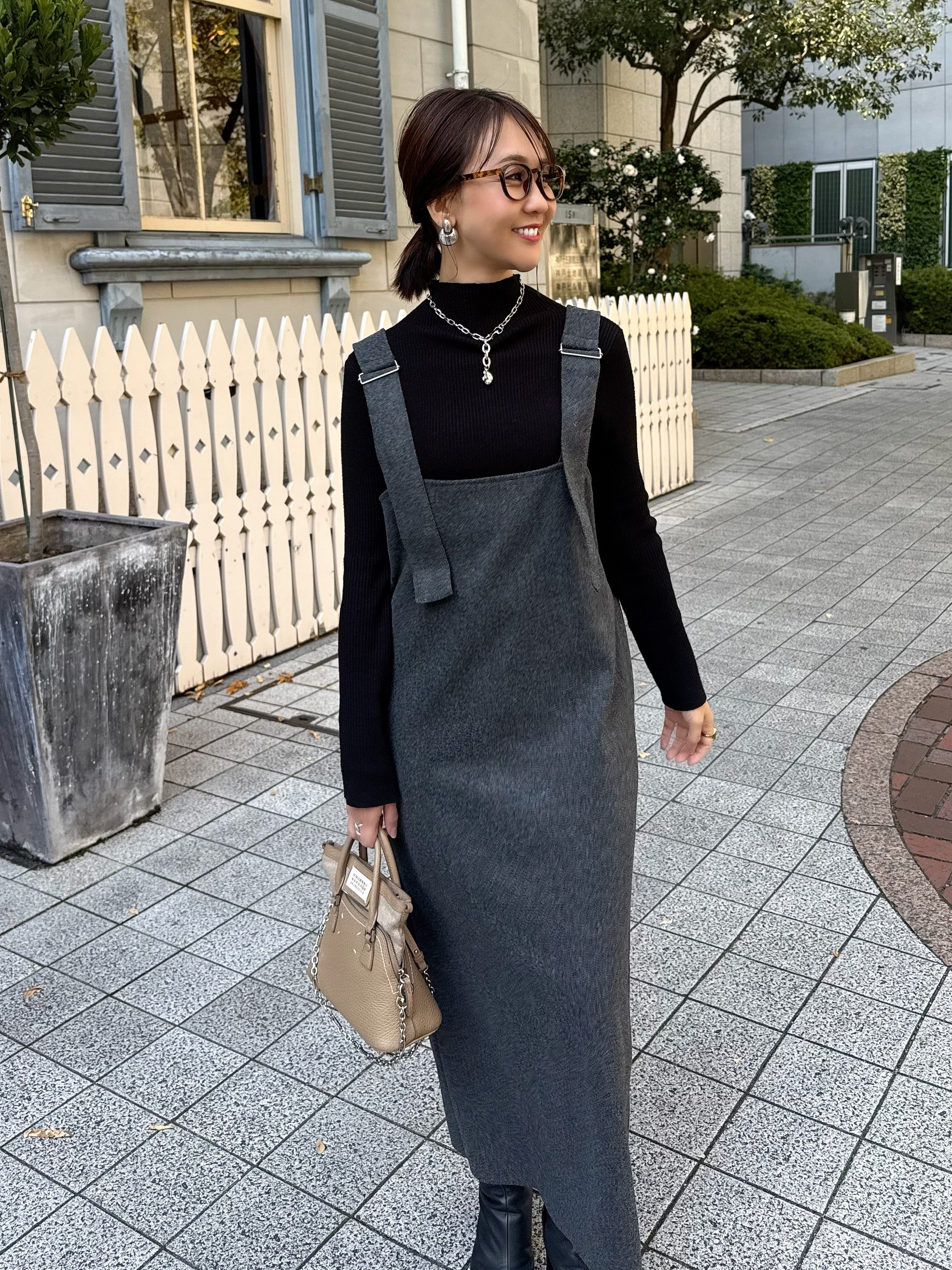 予約】 ウールライクVネックジャンパースカート / チャコール(1月上旬