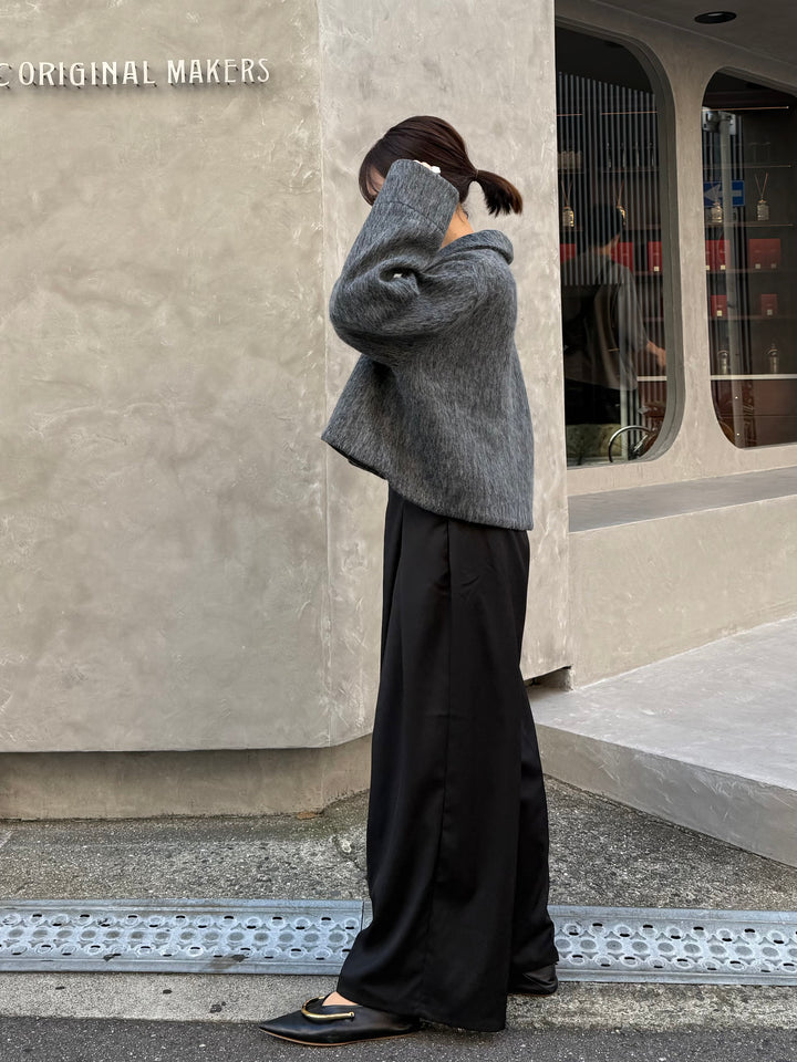 [SET] シャギーショートジャケット / グレー + ツイルタックパンツ / ブラック