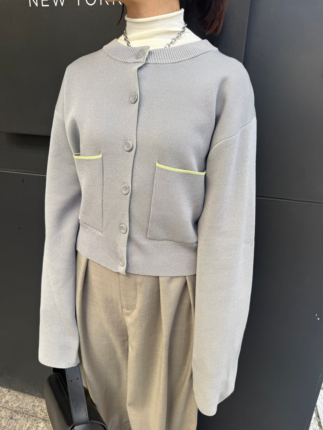 【予約】配色ダブルフェイスカーディガン / グレー×ライム(3月上旬発送発送予定)