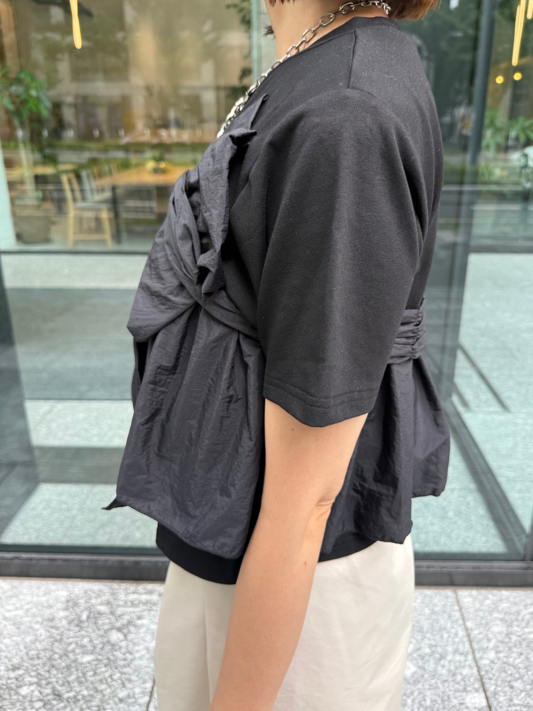 [新作300円OFF] 異素材ドッキングツイストTシャツ / ブラック
