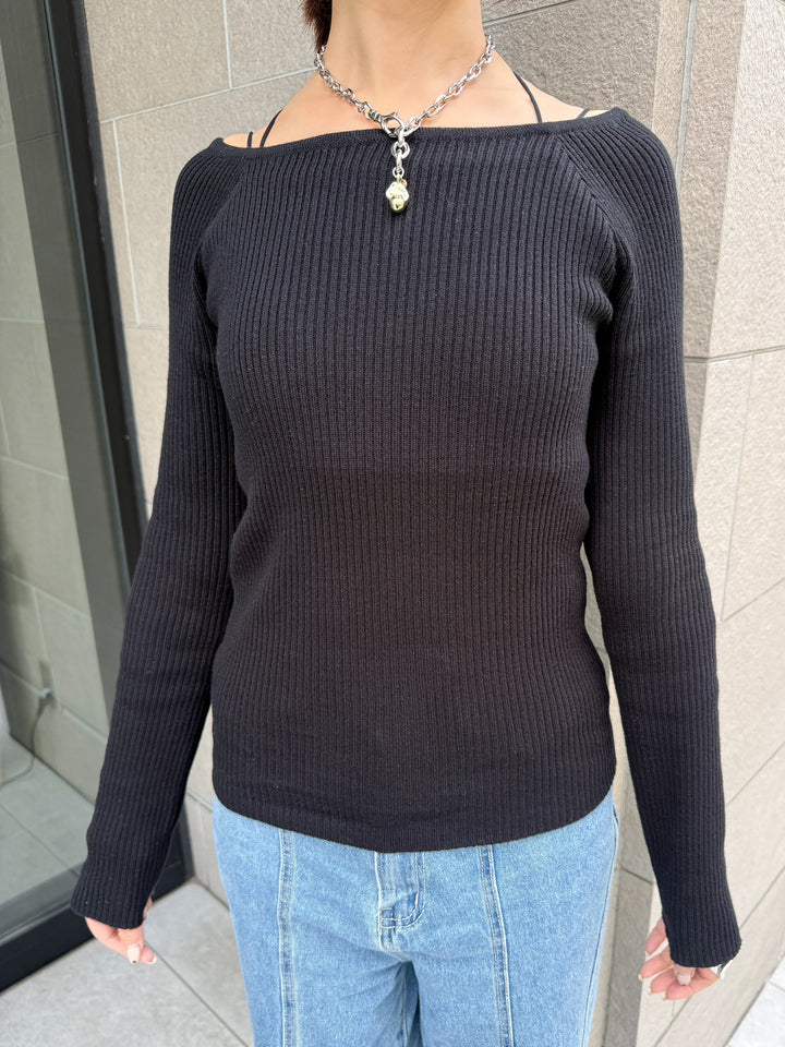 スクエアネックリブニットプルオーバー  / ブラック