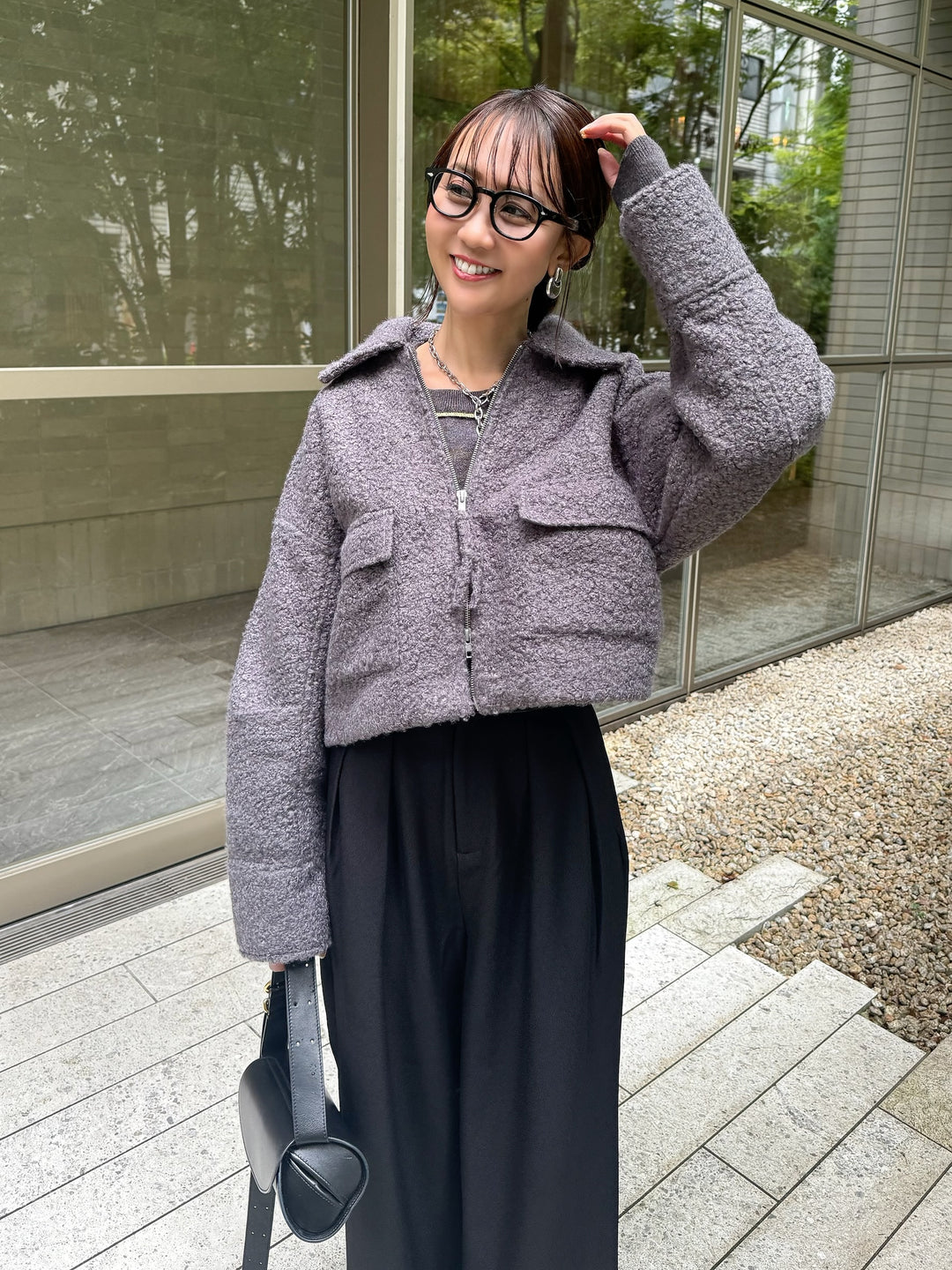 [SET] ループツイードショートジャケット / グレー + ウエストパイピングワイドパンツ / ブラック