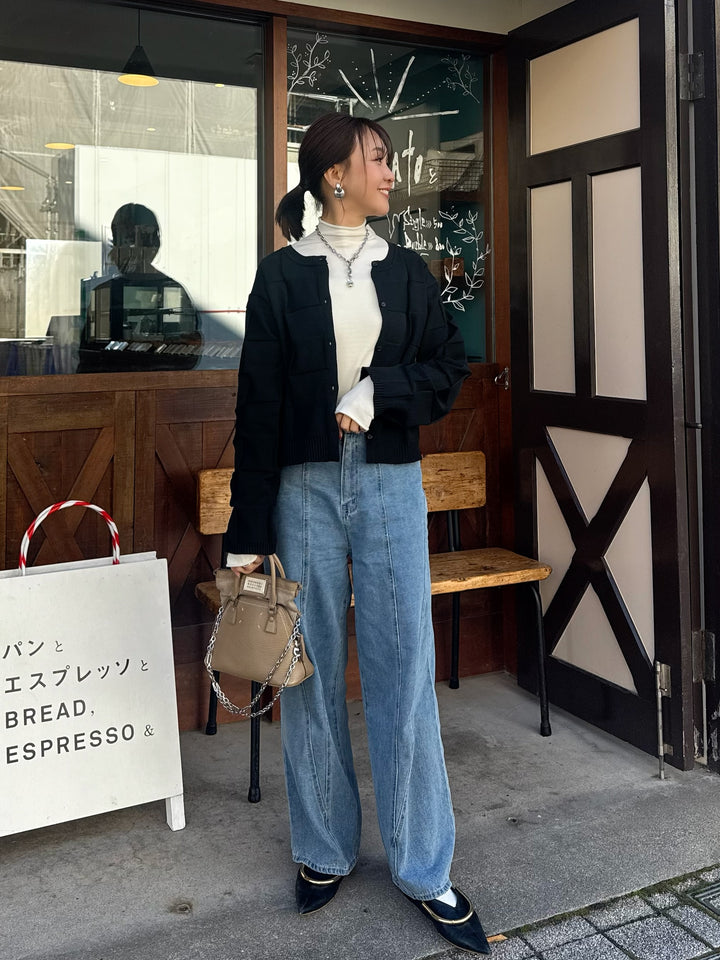 【予約】[SET] 格子ニットカーディガン + 切替えストレートデニムパンツ / ブルー(2月上旬発送予定)