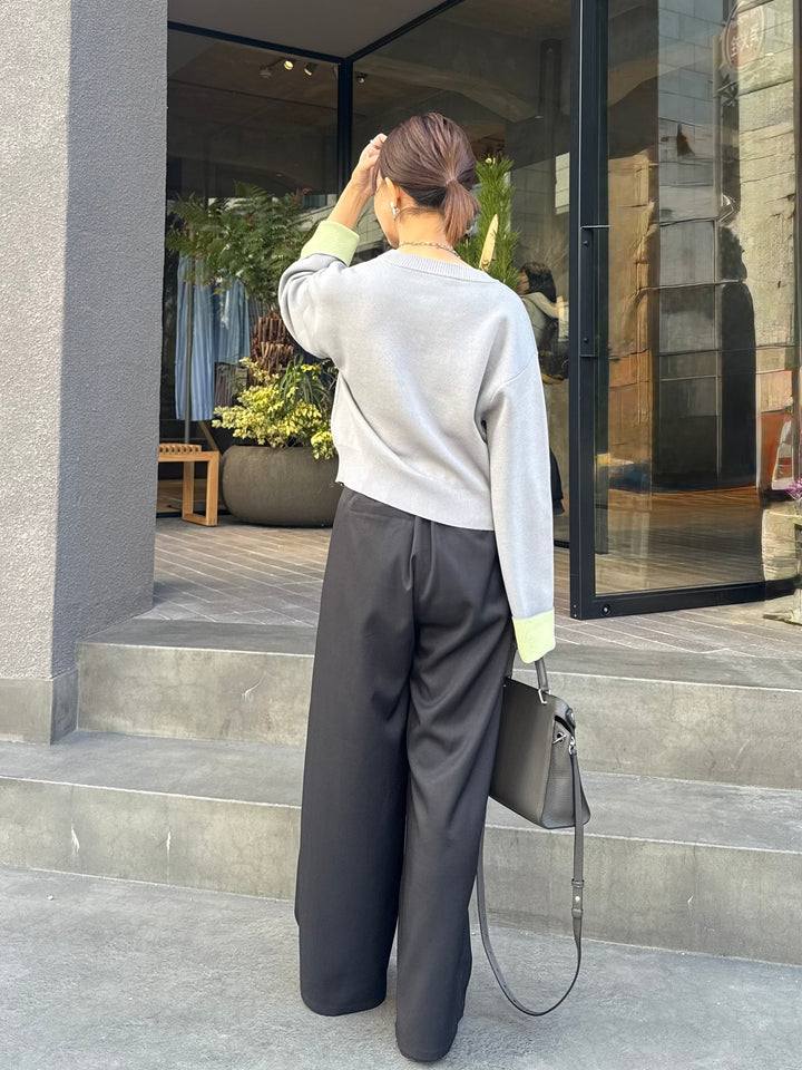 【予約】[SET] 配色ダブルフェイスカーディガン / グレー×ライム + ウエストパイピングワイドパンツ / ブラック(4月上旬発送予定)
