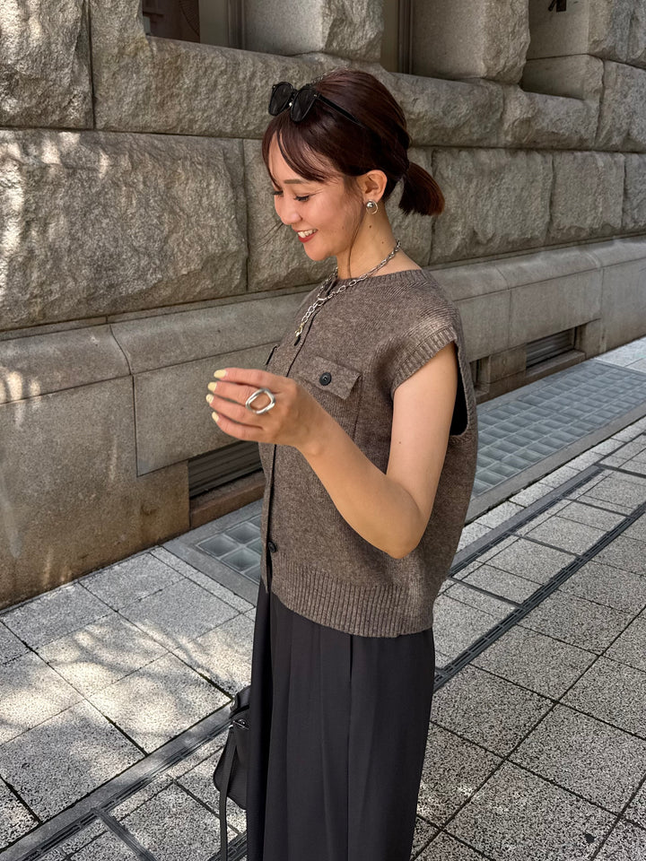 [新作300円OFF] アルパカタッチ配色ボタンベスト / グレージュ