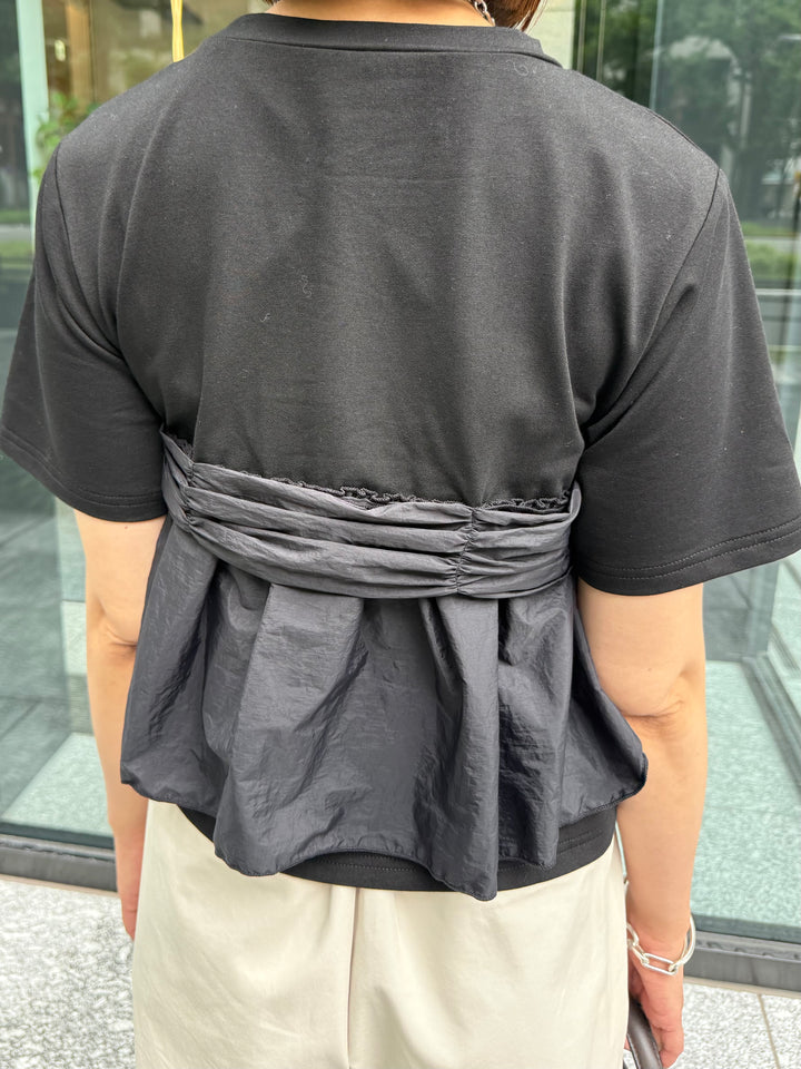 [新作300円OFF] 異素材ドッキングツイストTシャツ / ブラック