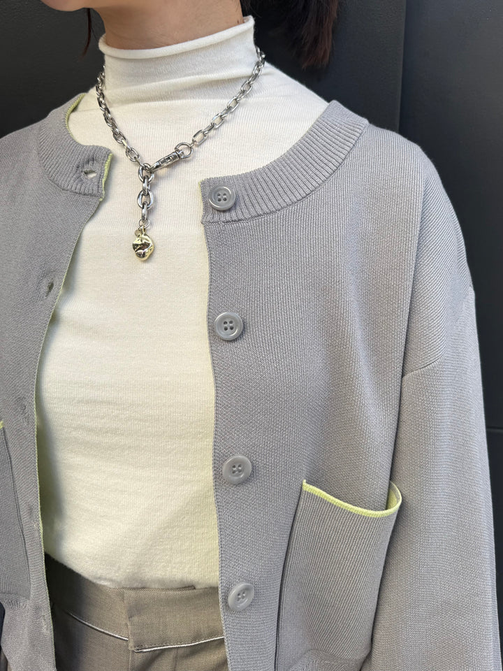 【予約】配色ダブルフェイスカーディガン / グレー×ライム(3月上旬発送発送予定)