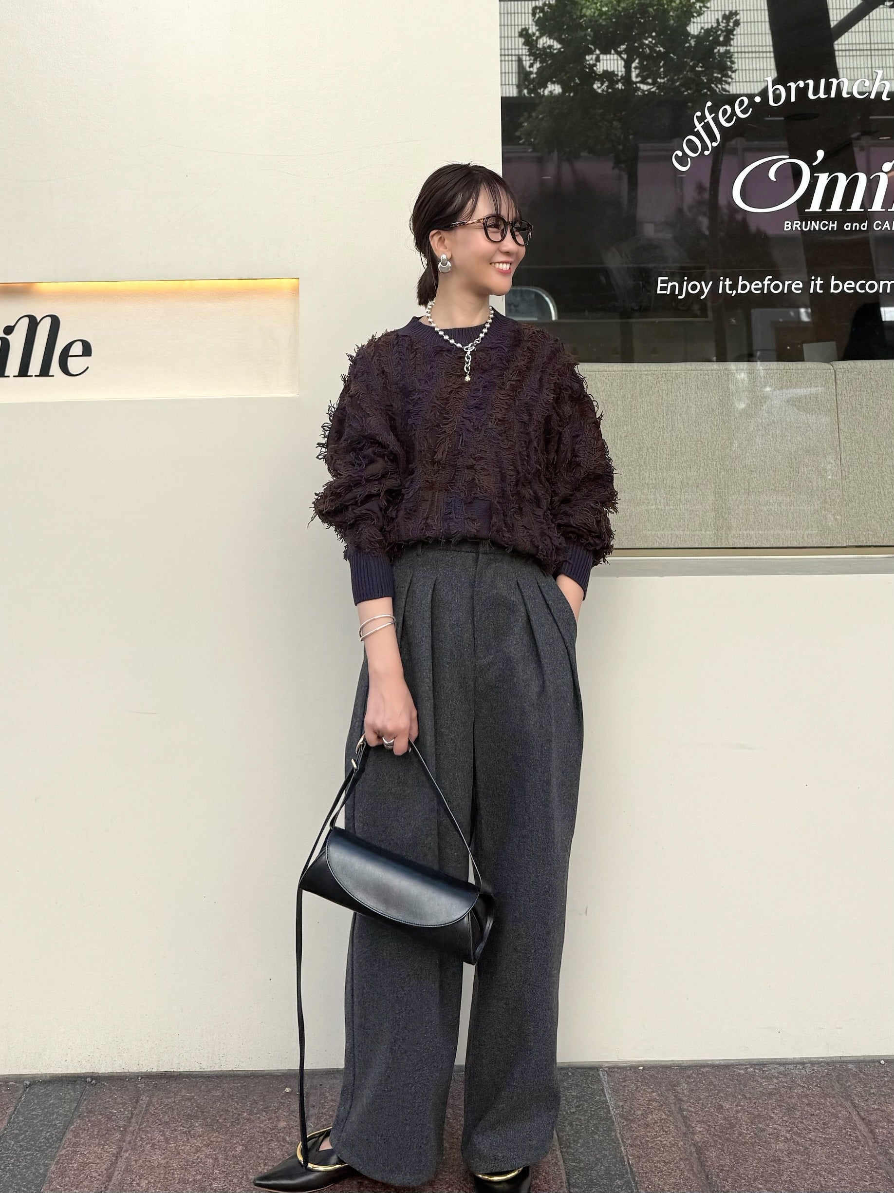 予約】ウールライクタックワイドパンツ / チャコール(11月下旬発送予定