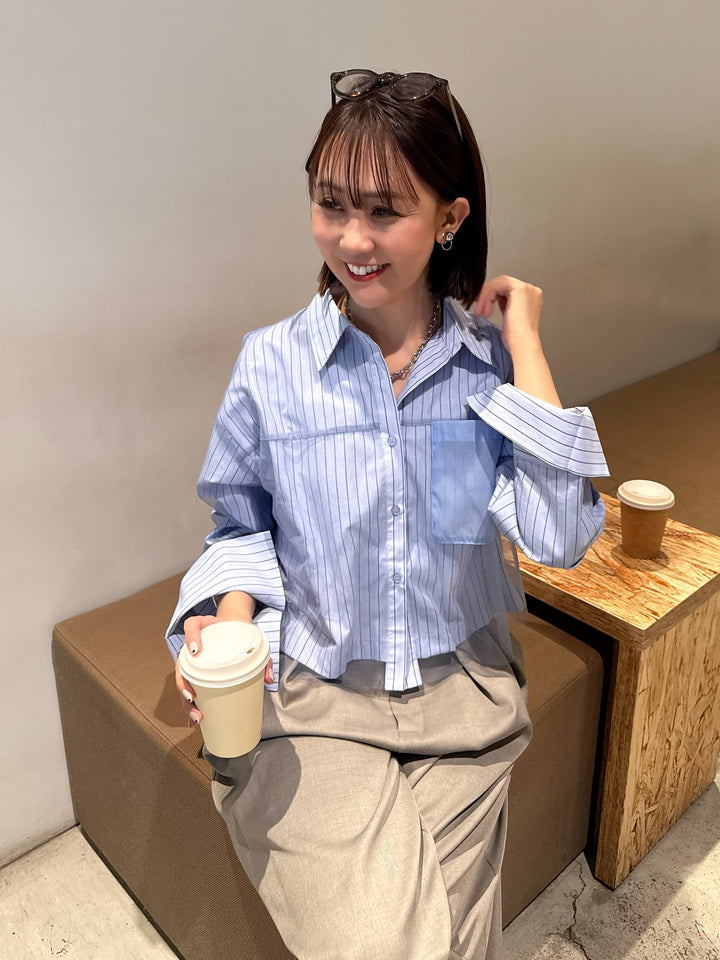 [新作300円OFF] チュールショート丈ストライプシャツ / ブルー