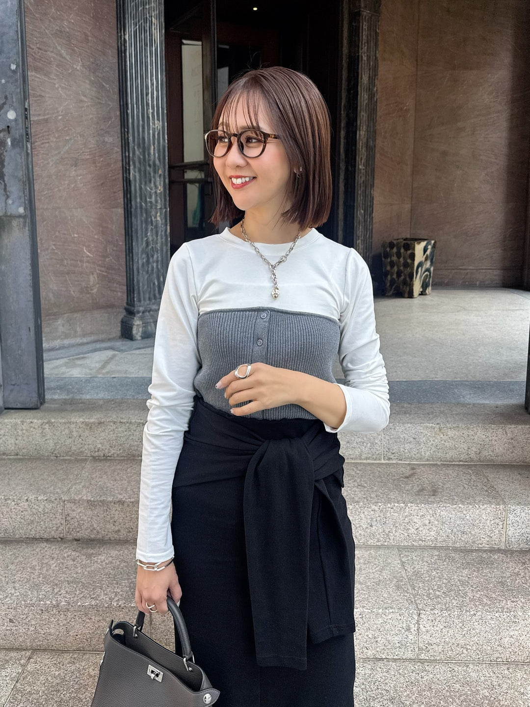 [新作300円OFF] リブニットビスチェドッキングTシャツ / オフホワイト×グレー