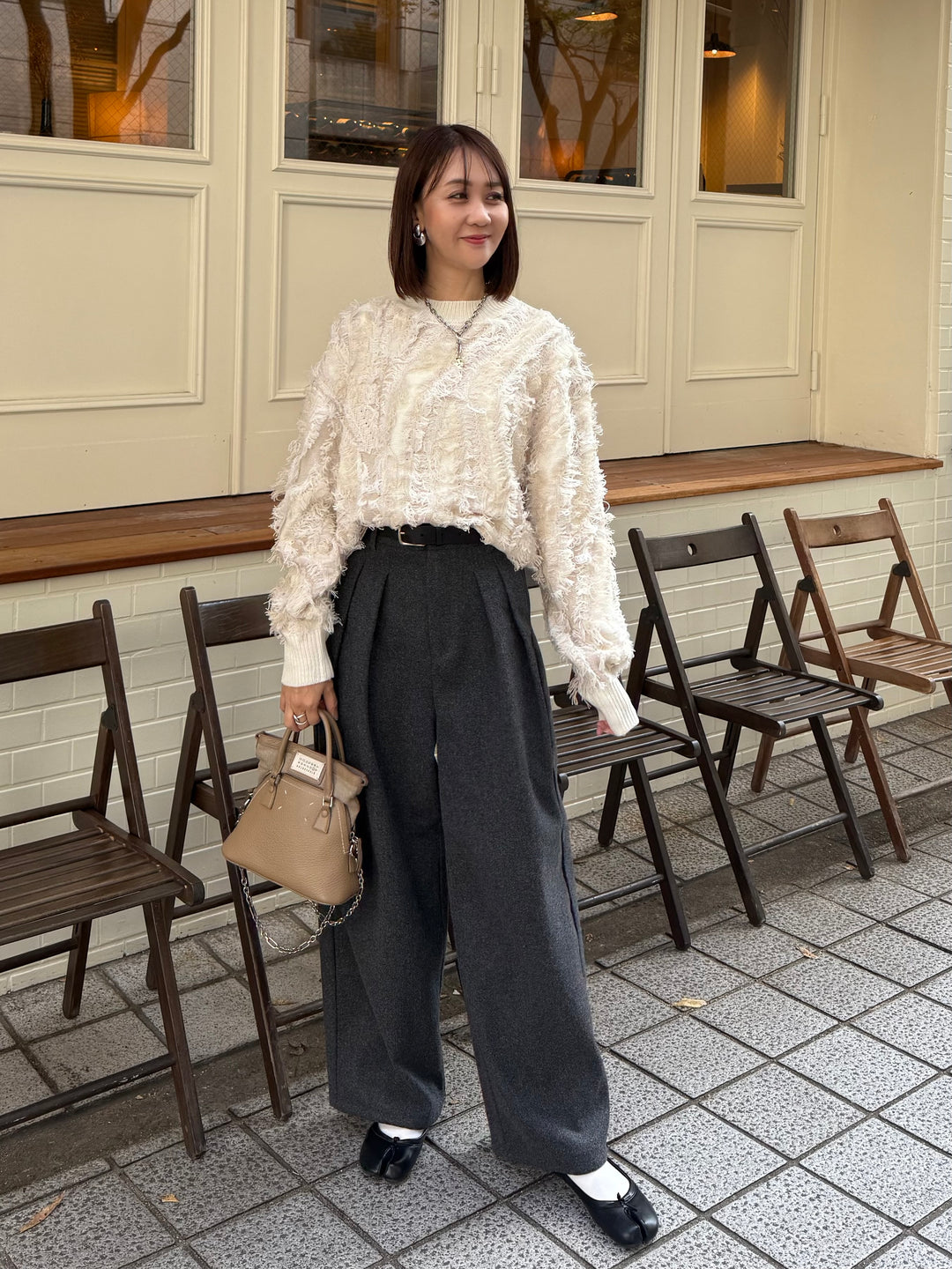 【予約】 [SET] フリンジニットプルオーパー / アイボリー + ウールライクタックワイドパンツ / チャコール(11月下旬発送予定)