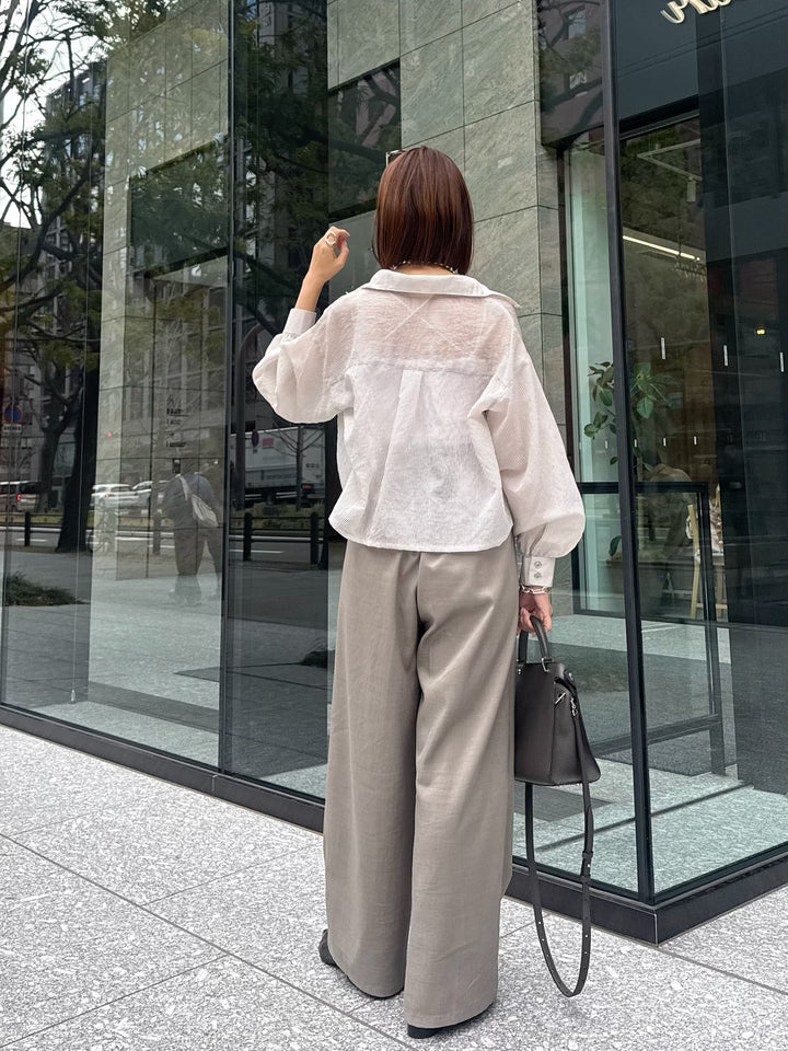 【予約】[SET] シアーストライプショート丈シャツ  / ライトグレー + ウエストパイピングワイドパンツ / グレージュ(4月上旬発送予定)