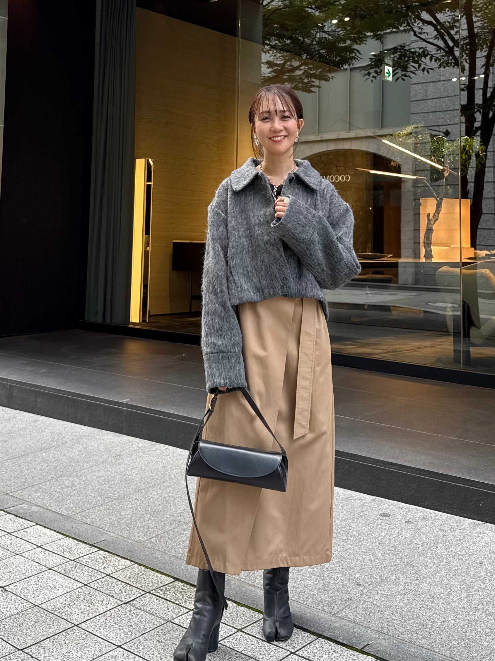 SET] シャギーショートジャケット / グレー + ベルトラップ風ロング