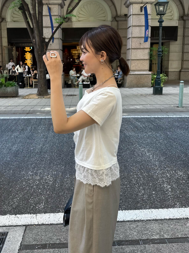 [新作300円OFF] レースレイヤードドレープTシャツ / オフホワイト