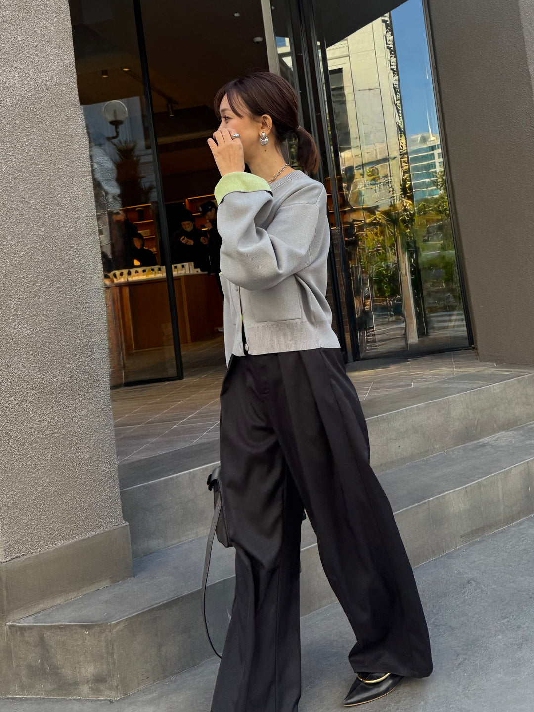 【予約】ウエストパイピングワイドパンツ / ブラック(4月上旬発送予定)