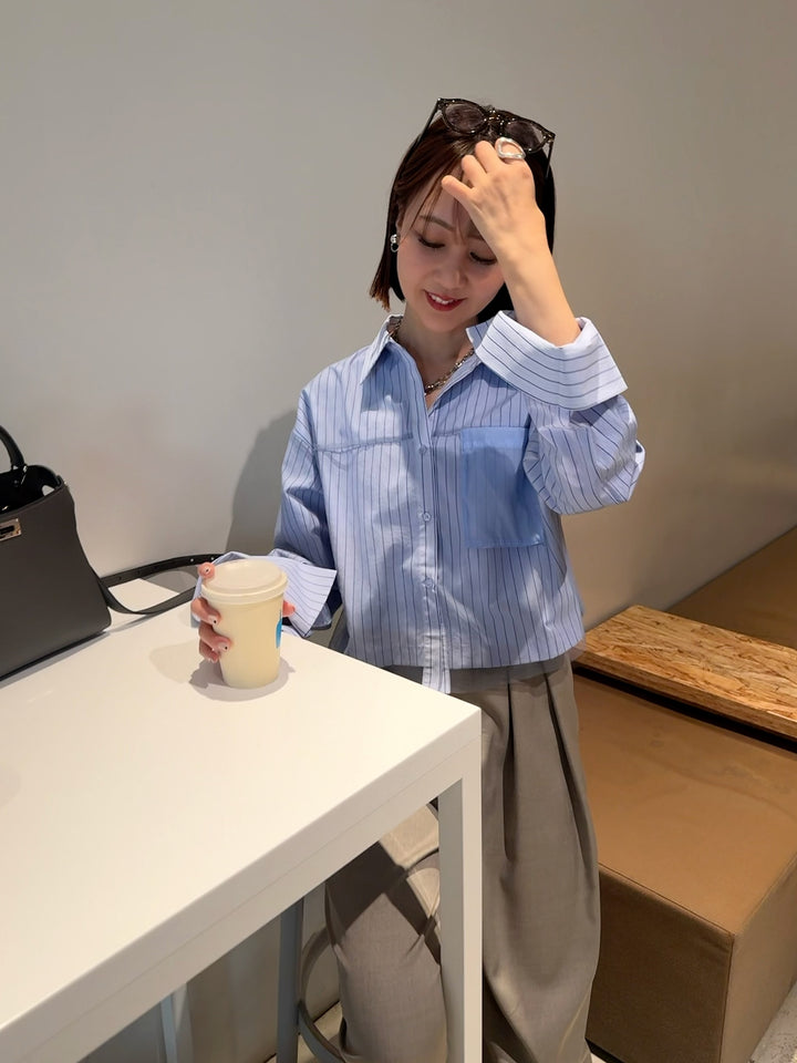 [新作300円OFF] チュールショート丈ストライプシャツ / ブルー