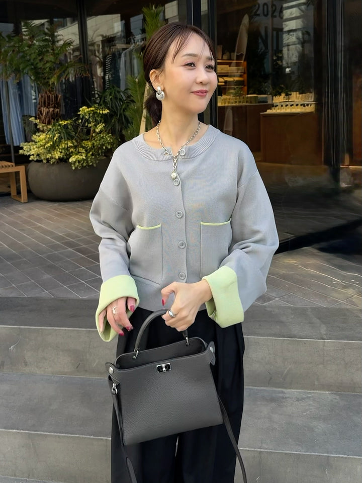 【予約】配色ダブルフェイスカーディガン / グレー×ライム(3月上旬発送発送予定)