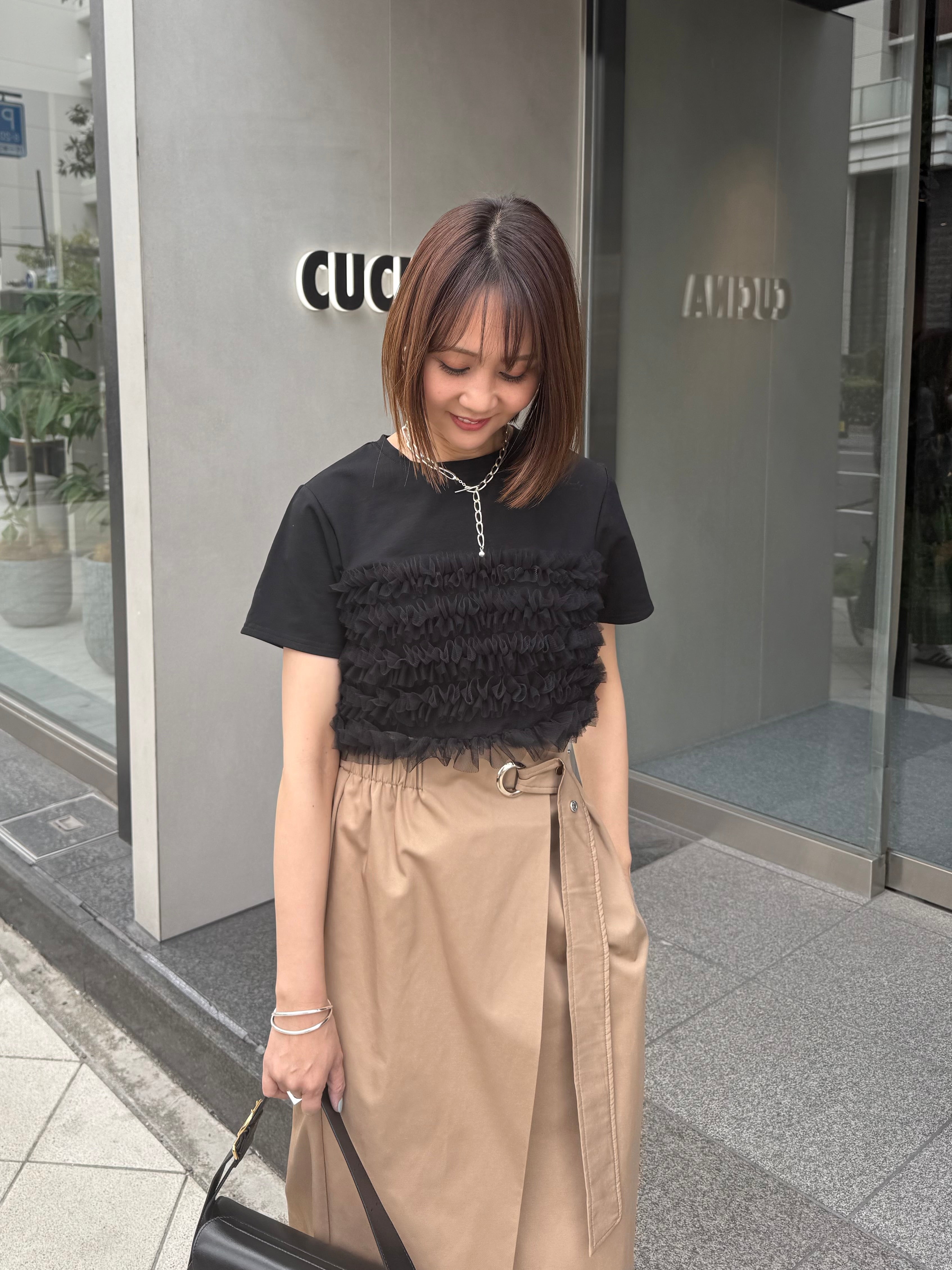 チュールフリルビスチェ見えTシャツ / ブラック – fosie