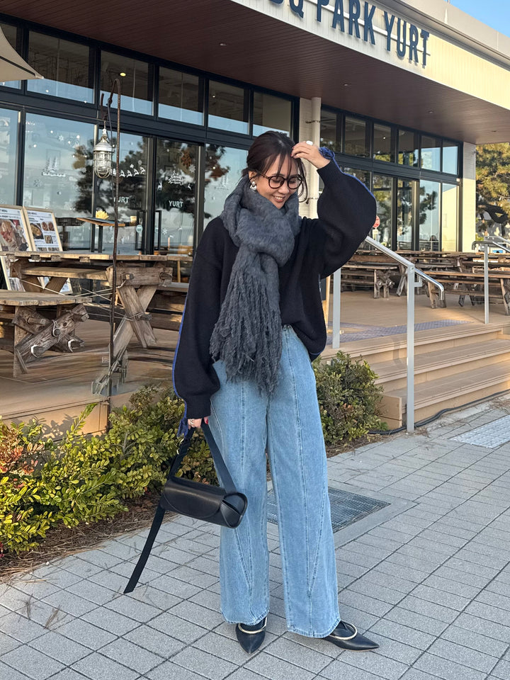 アルパカタッチ配色ラインプルオーバー / ブラック