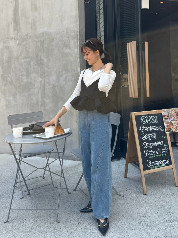 【予約】[SET]フリルヘムビスチェ / ブラック + 切替えストレートデニムパンツ / ブルー(5月下旬発送予定)