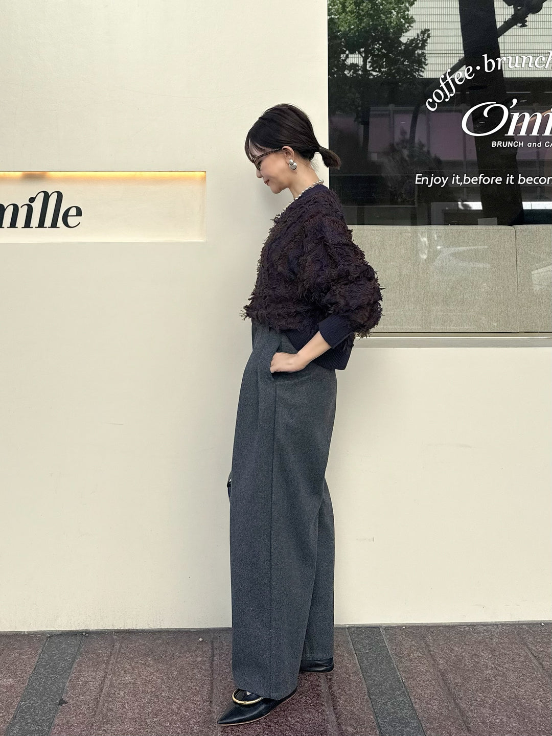 [新作300円OFF] 【予約】ウールライクタックワイドパンツ / チャコール(10月下旬発送予定)