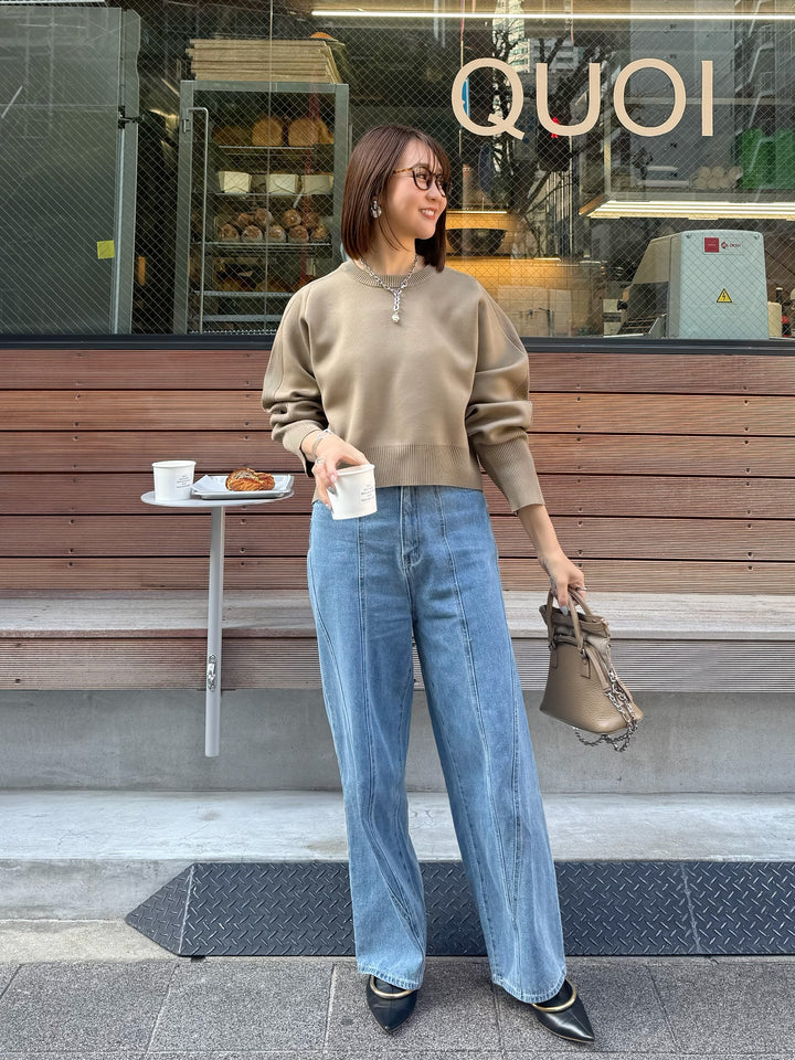 【予約】[SET]クロップド丈ダンボールニット / ベージュ + 切替えストレートデニムパンツ / ブルー(3月上旬発送予定)