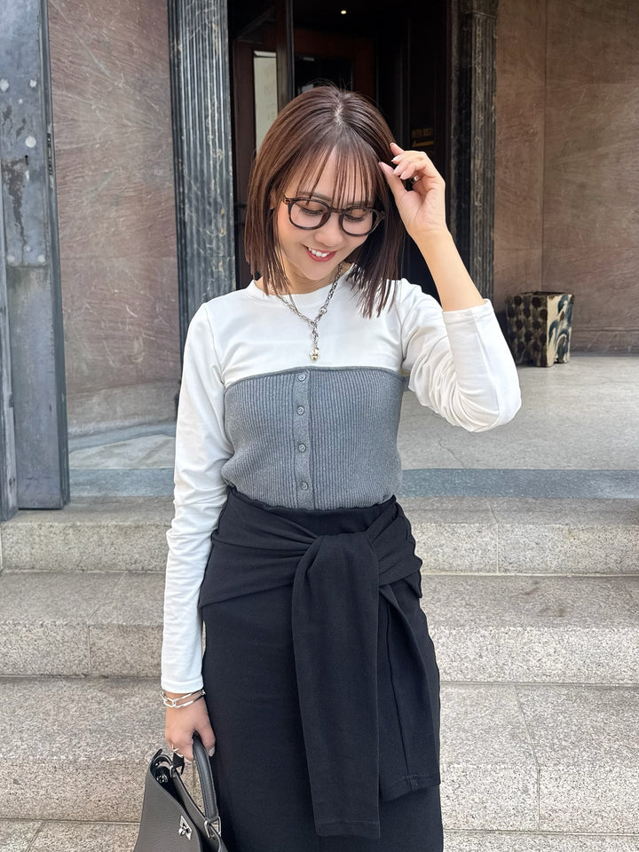 [新作300円OFF] リブニットビスチェドッキングTシャツ / オフホワイト×グレー