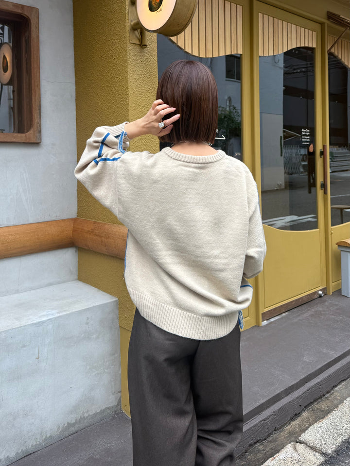 アルパカタッチ配色ラインプルオーバー / アイボリー