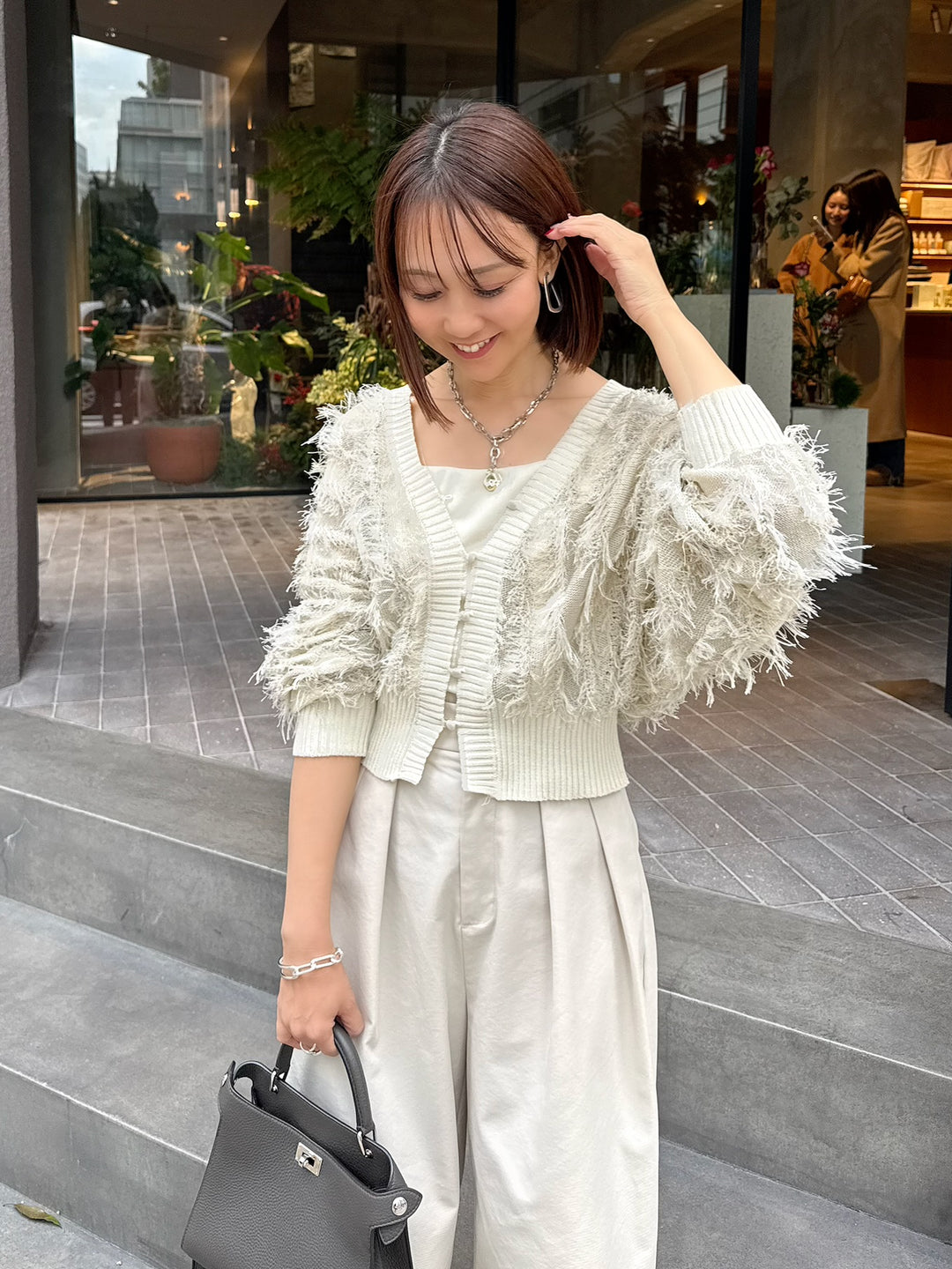 【予約】麻タッチフリンジニットショートカーデ / アイボリー(2月上旬発送予定)