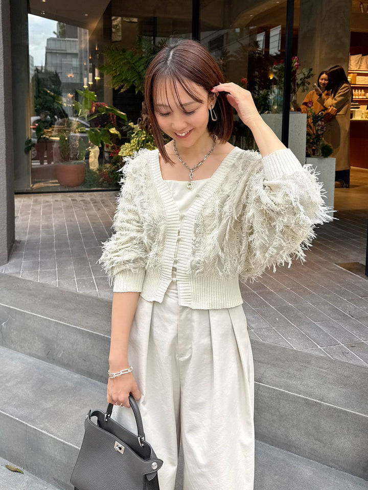 【予約】麻タッチフリンジニットショートカーデ / アイボリー(2月上旬発送予定)