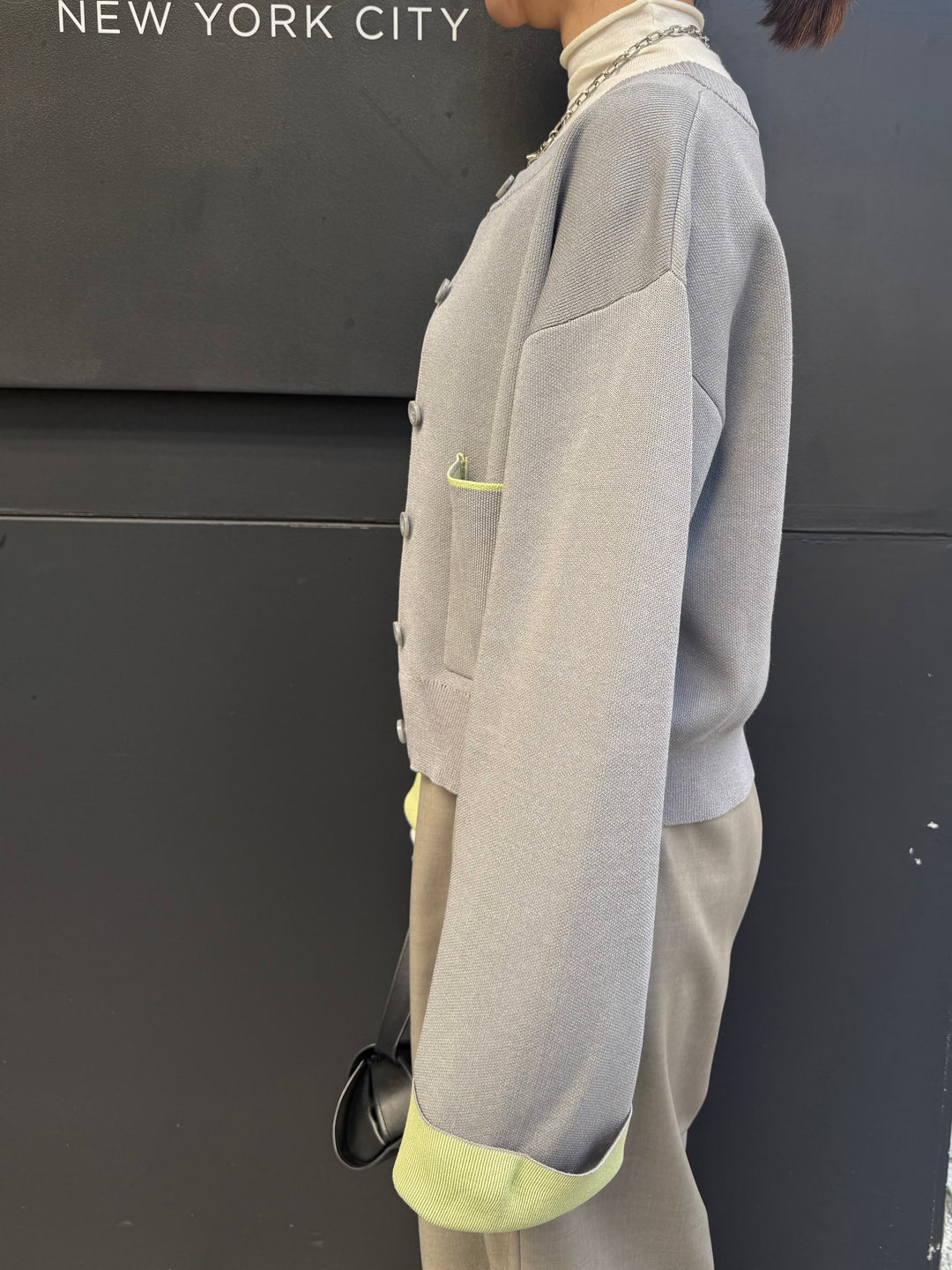 【予約】配色ダブルフェイスカーディガン / グレー×ライム(3月上旬発送発送予定)