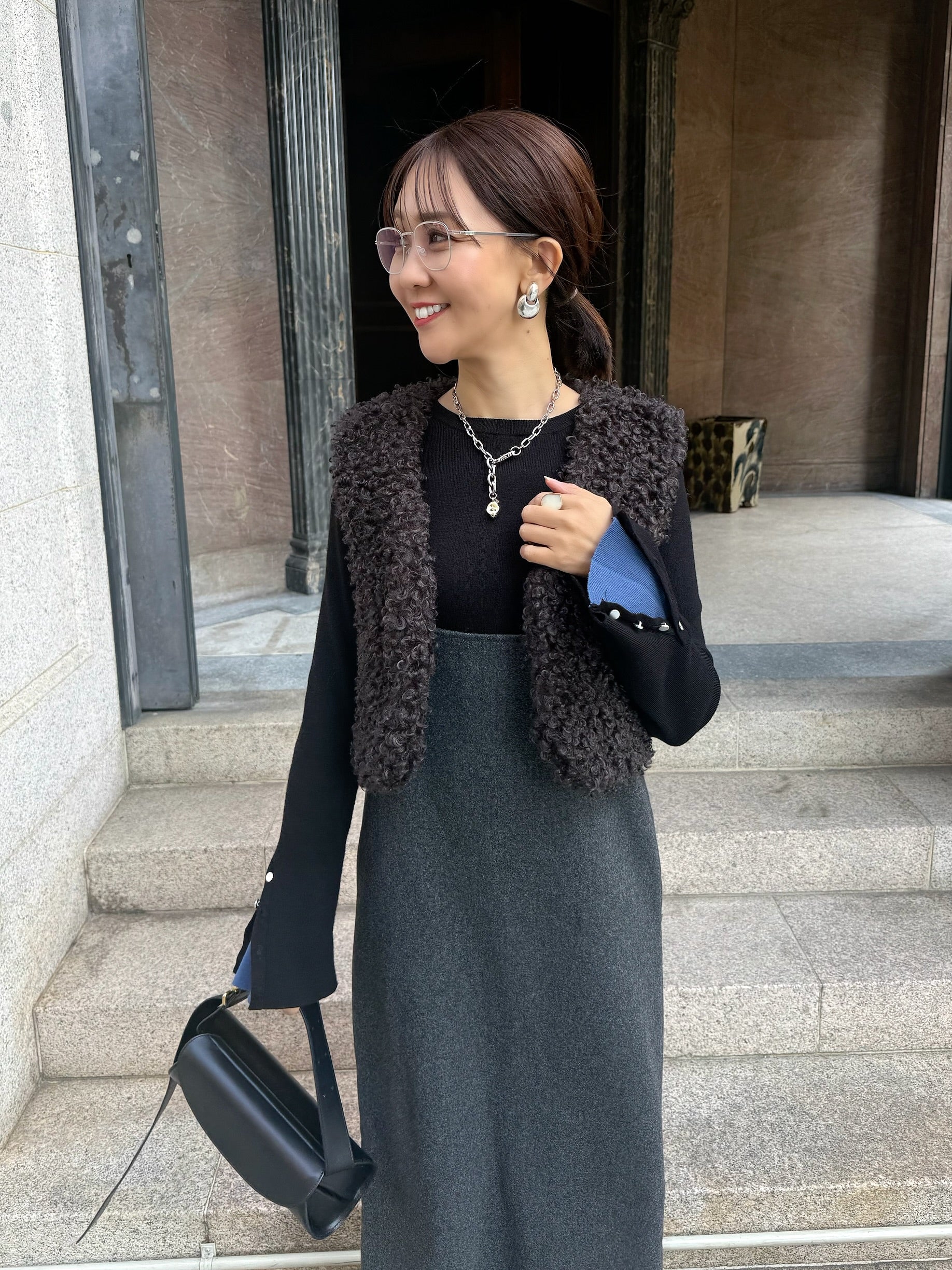 予約】 ウールライクVネックジャンパースカート / チャコール(1月上旬