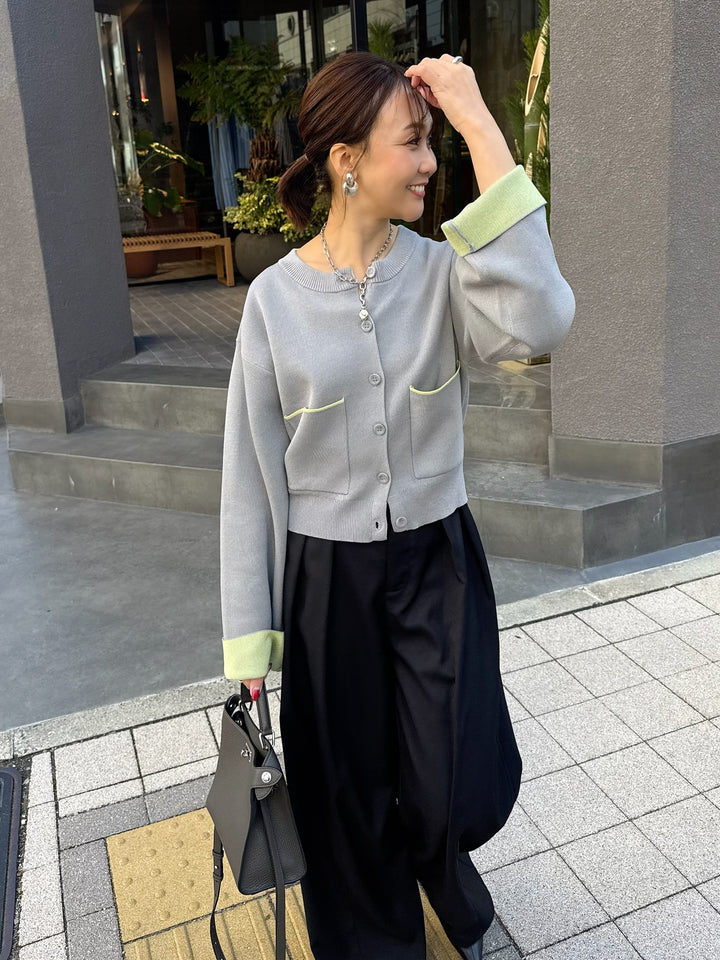 【予約】配色ダブルフェイスカーディガン / グレー×ライム(3月上旬発送発送予定)