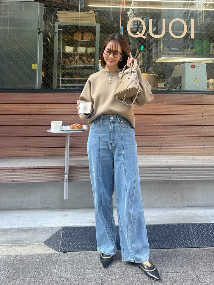 【予約】[SET]クロップド丈ダンボールニット / ベージュ + 切替えストレートデニムパンツ / ブルー(3月上旬発送予定)