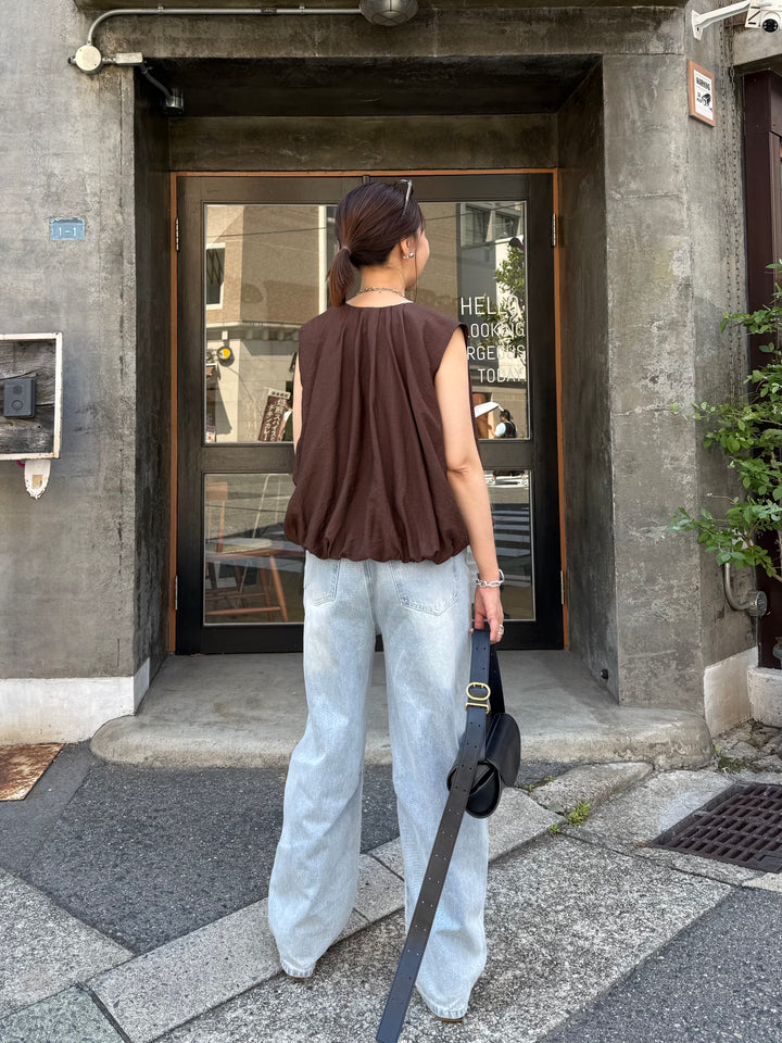 [新作300円OFF] タックギャザーバルーンノースリブラウス / ブラウン