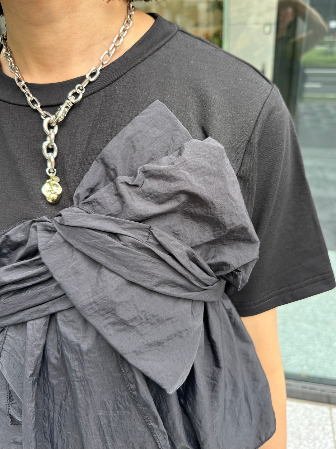 [新作300円OFF] 異素材ドッキングツイストTシャツ / ブラック