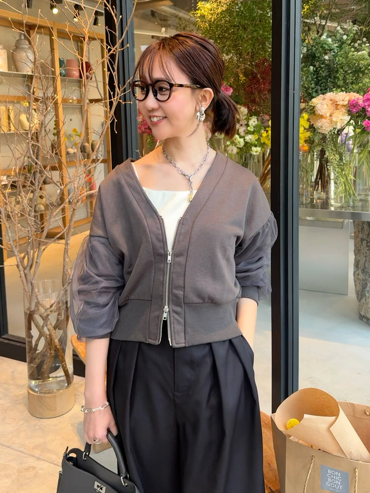 袖チュールカーディガン / チャコールグレイ