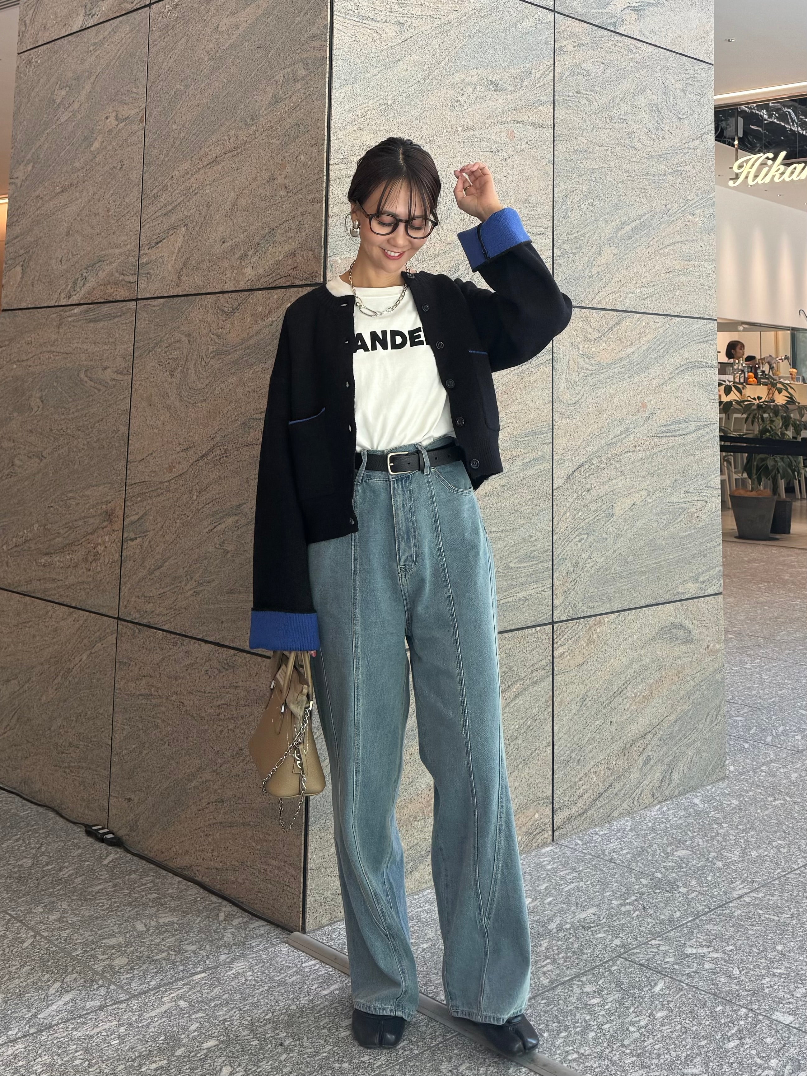 予約】アルパカタッチバイカラーカーディガン / ブラック(12月