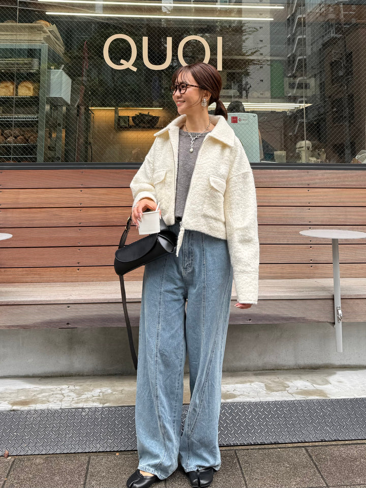 [SET] ループツイードショートジャケット / アイボリー + 切替えストレートデニムパンツ / ブルー