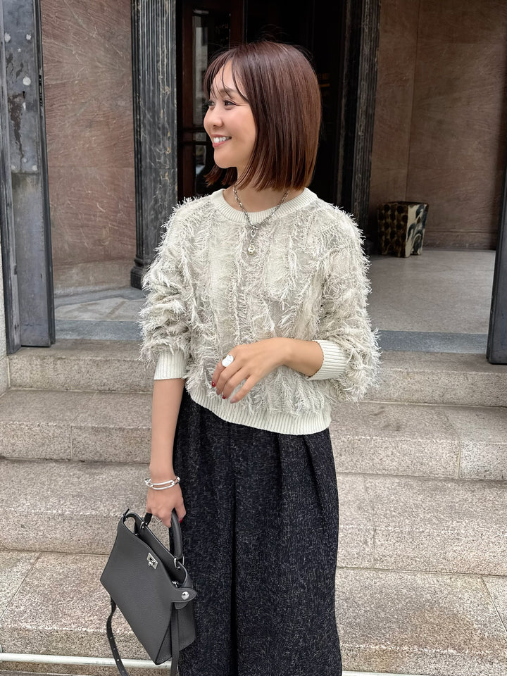 【予約】麻タッチフリンジニットショート丈プルオーバー/ アイボリー(2月上旬発送予定)