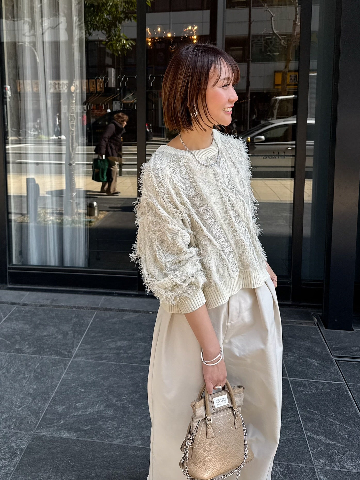 麻タッチフリンジニットショート丈プルオーバー/ アイボリー – fosie