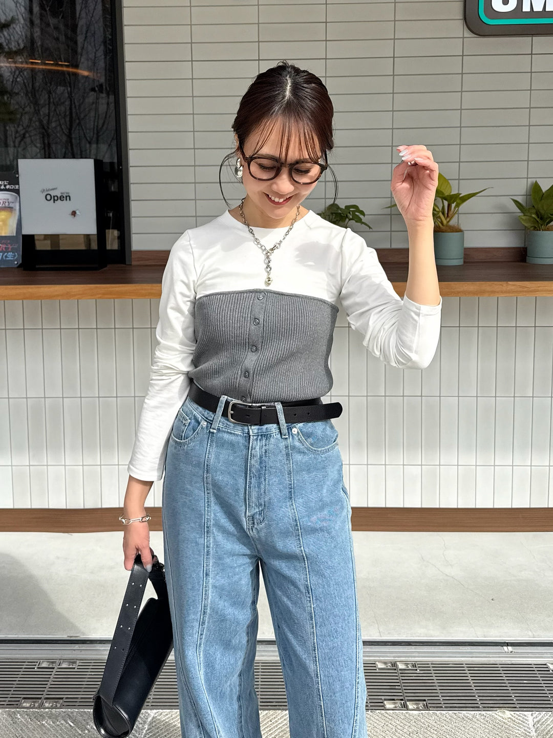 [新作300円OFF] リブニットビスチェドッキングTシャツ / オフホワイト×グレー