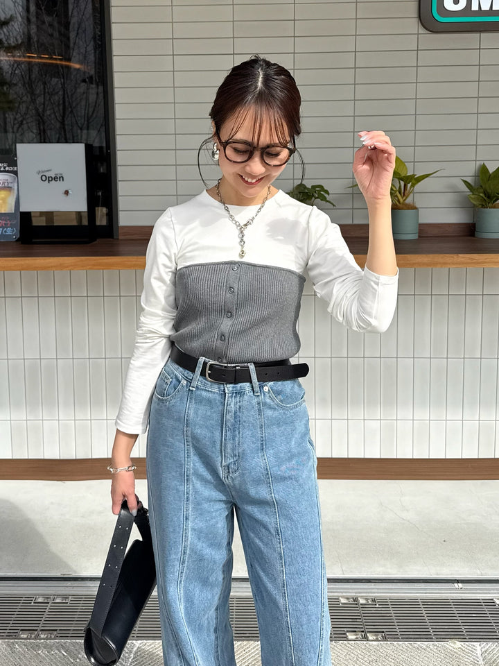 [新作300円OFF] リブニットビスチェドッキングTシャツ / オフホワイト×グレー