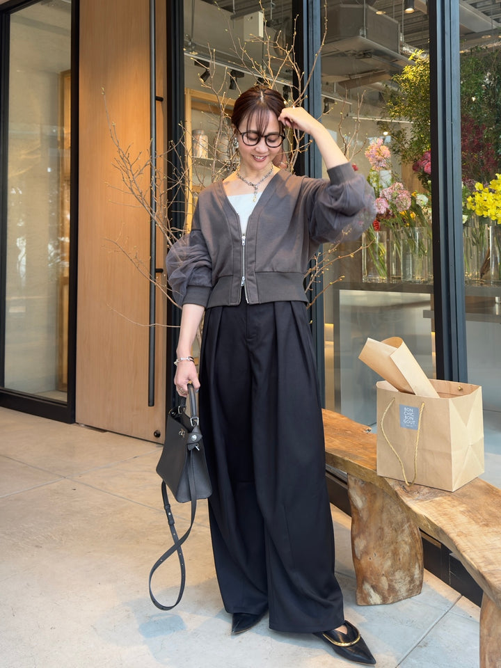 【予約】[SET] 袖チュールカーディガン / チャコールグレイ + ウエストパイピングワイドパンツ / ブラック(4月上旬発送予定)