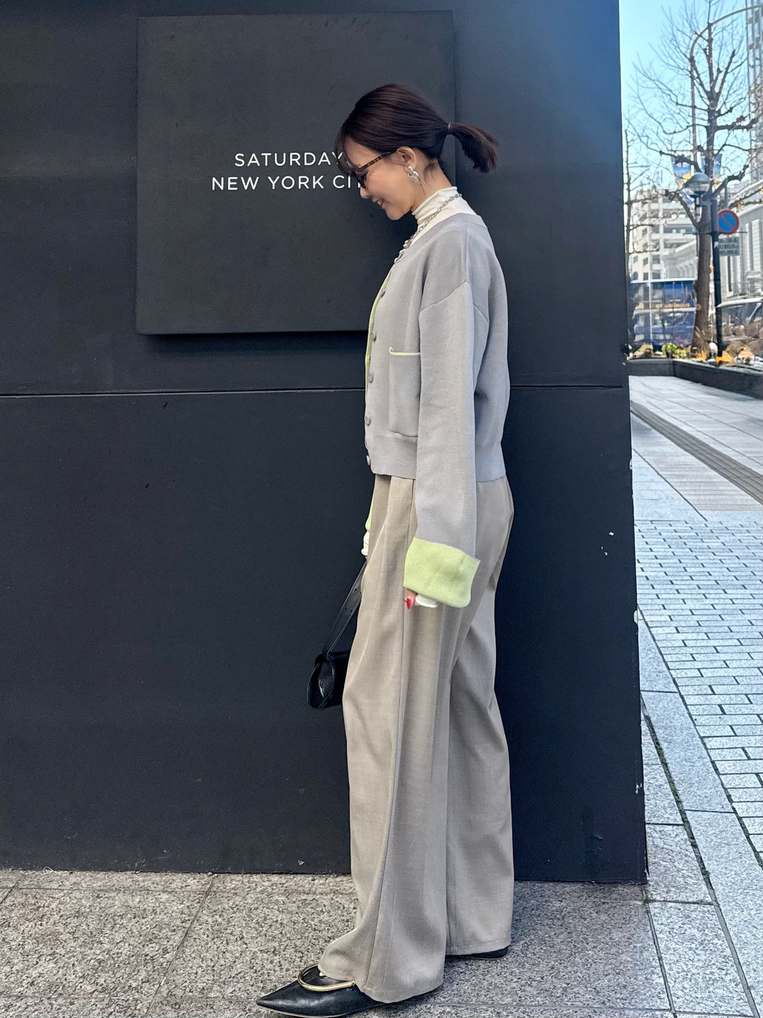 【予約】[SET] 配色ダブルフェイスカーディガン / グレー×ライム + ウエストパイピングワイドパンツ / グレージュ(4月上旬発送予定)